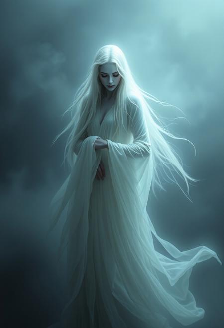 ghostly woman, ethereal figure, flowing white robes, (haunting presence:1.3), pale skin, long flowing hair, spectral glow, eerie atmosphere, misty background, soft lighting, (translucent:1.2), otherworldly, delicate yet unsettling, (haunting beauty:1.4), muted colors, supernatural aura, high quality, (ghostly apparition:1.3)