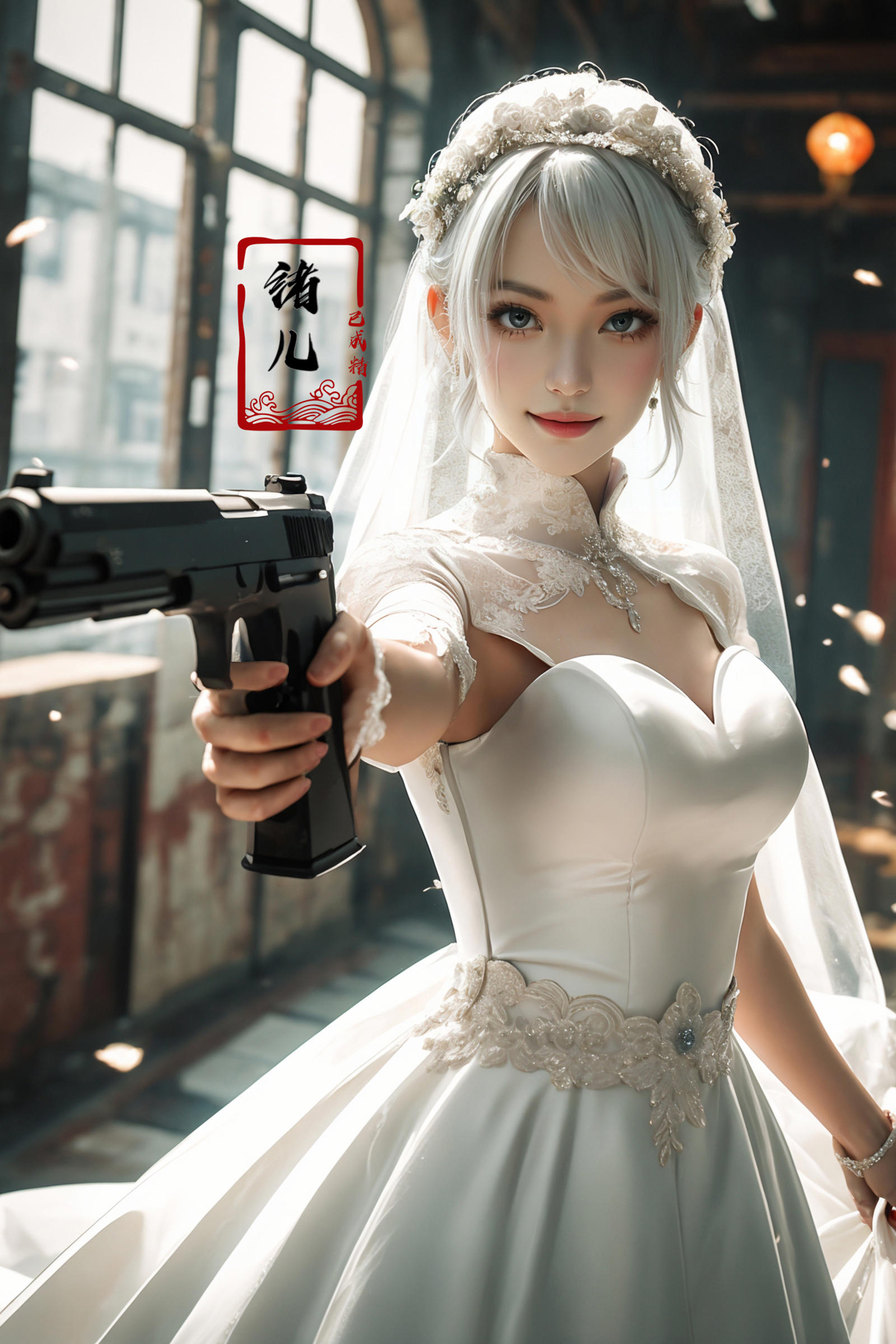 A cartoon image of a bride holding a gun.