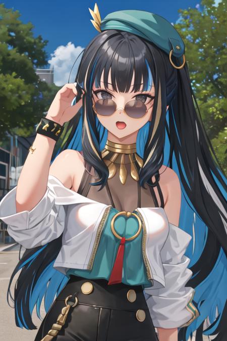 best quality, masterpiece, highres, solo, {tlaloc_fgo:1.15}, bangs, black_hair, blue_hair, multicolored_hair, long_hair, hat, breasts, jewelry, sunglasses, streaked_hair, black_eyes, 1girl, hair_ornament, looking_at_viewer, two-tone_hair, ponytail, closed_mouth, headdress, makeup