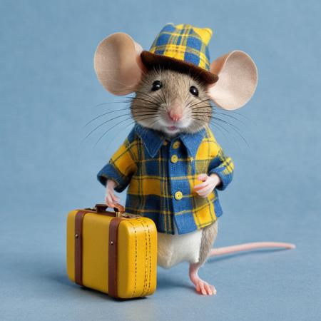 a mouse wearing a shirt with blue and yellow plaid, buttons, felt hat, suitcase
