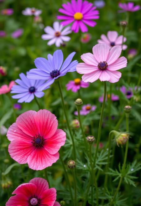 Pink and blue garden flowers, water droplets on petals, green leaves, pink poppies in the foreground, purple cosmos in the background, photo-realistic, natural lighting, high resolution, hyper-realistic in the style of a skilled photographer.