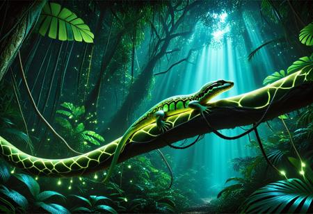 Highly detailed photographic image of a green python snake (photorealistic) wrapped around a tree branch in the rainforest. The photorealistic natural forest surroundings glowing with bioluminescent plants creating dramatic shadows. The rainforest environment should be lush and vibrant, filled with a variety of illuminated green foliage, exotic plants, and dappled moonlight filtering through the canopy above. Incorporate dramatic luminescent light from floating iridescent mist in the forest to enhance the atmosphere, creating a sense of mystical surrealism. Include subtle elements such as ground glow to add to the mood, while ensuring the surreal soft glow of the intricate tree snake remains the focal point of the composition. (Highly cinematic scene with natural surroundings softly glowing dramatically, ; highly focused detail on the subject; snakeskin detail with subtle luminescent glowing from each scale; masterpiece scene; dramatic composition, 4k resolution, finely detailed texture)