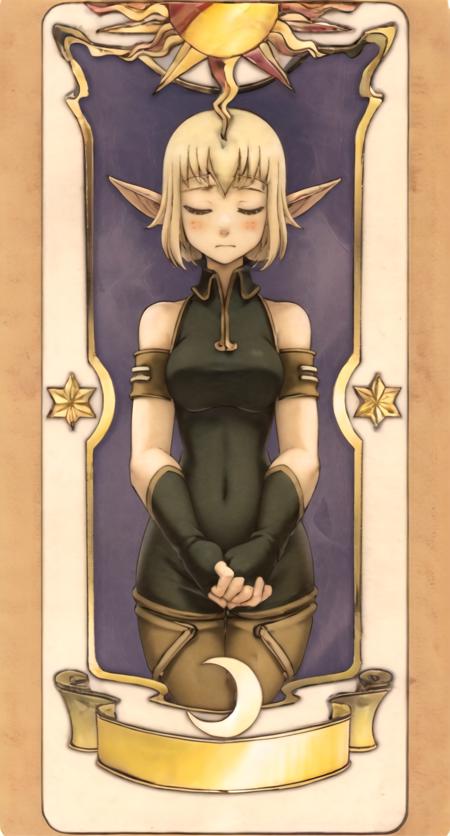 masterpiece, best quality, evangelyneold, 1girl, elf, black gloves, blonde hair, blush, elf, fingerless gloves, gloves, pointy ears, short hair, closed eyes, card, solo, tarot  <lora:Evangelynev1:0.85>  <lora:clowCardCardcaptor_v2:0.8>