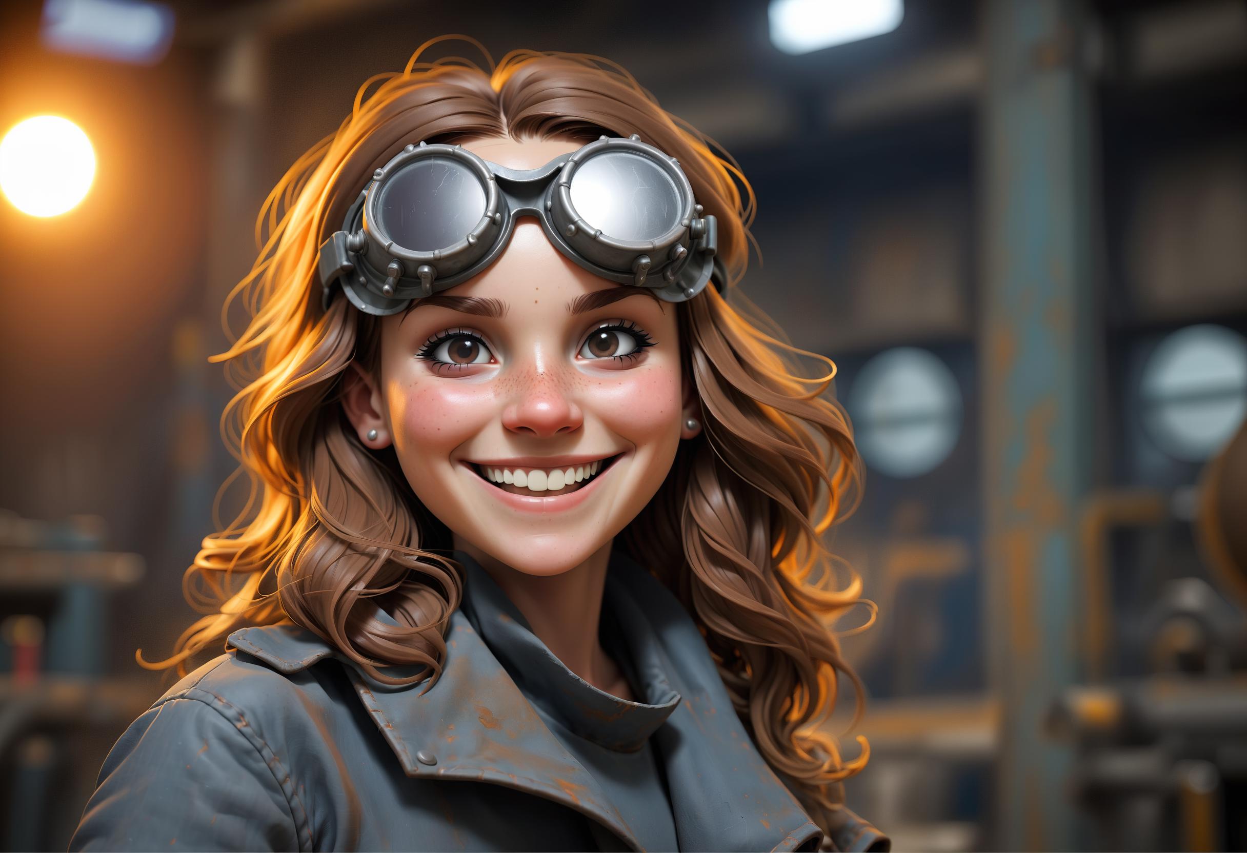 A woman wearing a leather jacket and goggles smiles.