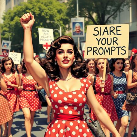 Retro a pinup painting of woman , hud_p1nup_styl,_ , clad in 1950s style polkadot dresses is marching in a demonstration, one fist raised in the air, holding a sign that says "SHARE YOUR PROMPTS"