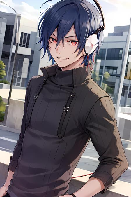 masterpiece, (best quality), 1man,1boy, mcsmtds, blue hair, red eyes, male focus,  headphones, shirt, sweater,    (masculine), turtleneck, upper body,   evil grin,  adult,  vibrant colors ,natural lighting  ,RTX,  handsome, (detailed face:1.2), showcase, (photorealistic:1.1),  (perfect eyes:1.1) , (perfect pupils),  8k uhd,  looking at viewer,  outdoors,  simple backround,