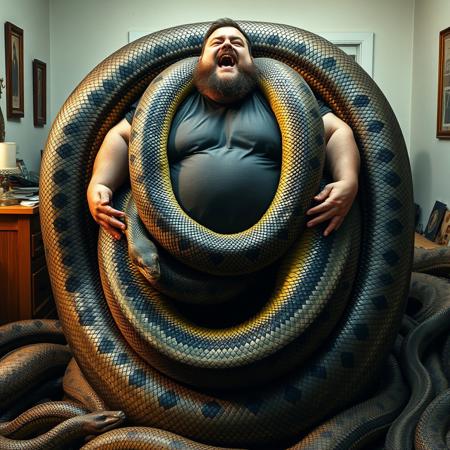 The image is a high-resolution photograph featuring a colossal, beefy, morbidly obese, burly, muscular, bodybuilder orthodox jewish man standing confidently and moaning in pleasure in a home setting.  his massive body completely engulfed by the powerful coils of a  giant enormous  anaconda snake. the snake wraps around one man in a perfectly symmetrical manner, its huge coils winding tightly from head to toe, squeezing their bodies with crushing force. The man’s arms, legs, torsos, and necks are covered by the snakes, leaving only their bearded faces exposed. . The man's bearded face is the only part left exposed . The man's face is turning red, capturing the moment of intense struggle. aoround de scene, thousands os massive anacondas