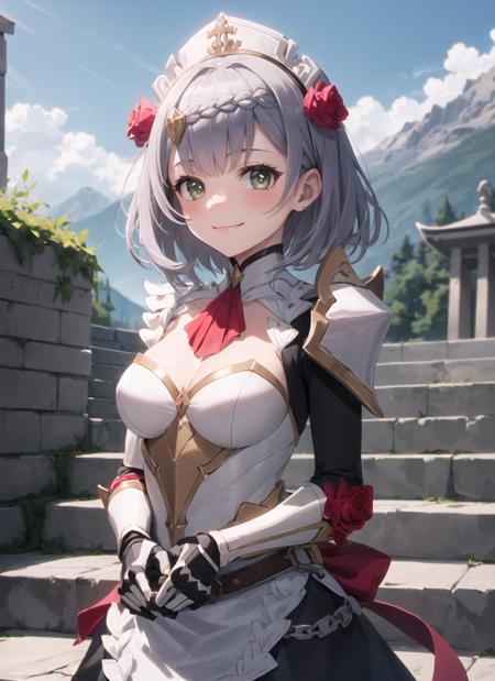 <lora:noelle1ep10_0.85dim32:1>, noelledef, upper body, smile, blush, outdoors, day, simple background, blue sky, short hair, sky, temple, looking at viewer, stairs, mountain, moody lighting, facing viewer,