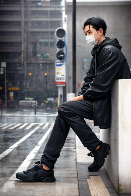 (full body:1.1), Photograph, highest quality, (grime:1.1), (man:1.2), (old:1.1), highly detailed face and eyes, (street corner:1.1), (from the side:1.1), gas station, (face mask:1.1), sitting on sidewalk, unique pose, magnum opus, masterpiece, morose face, raytracing, highly detailed face, realistic face,  highly detailed eyes, black hair, pontytail, vsco, monochrome, muted colors, (raining:1.2)