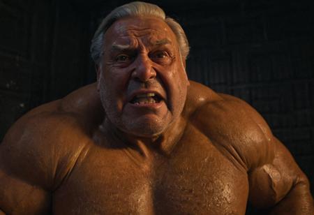 (photo, realistic, raw), (nighttime, at night, dark, dark hard shadows, cinematic atmosphere, movie grain, hazey atmosphere), closeup from below, (brute, etherial, spiritual, emperor, king, god), old burly buff gentleman, old manly mature man, combed back hair,  doublechin, old tanned grandpa, wrinkly neck, proud big chest, thick neck, armpits, tanned skin, tight golden spandex, gold jewellery, gold necklace, in a dark locker room at night, nighttime, arrogant disgusted disappointed smile, intimite situation, romantic atmosphere, stern, serious, angry, sad expression, belly and pecs from below, mouth open, milk dripping out of mouth,