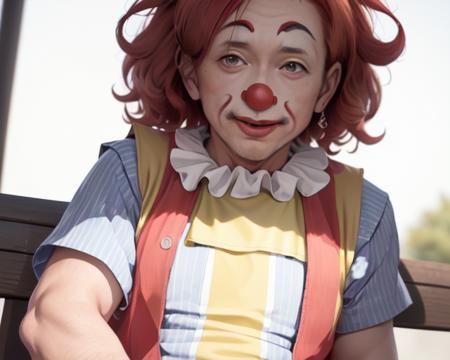 (thick mature man clown face and red afro hair:1.5), chromatic_aberration, clown, cosplay_photo, depth_of_field, figure, film_grain, photorealistic, (a  yellow vest with a red and white striped shirt:1.3), hisoka morow pose of abe takakazu, lying park bench,