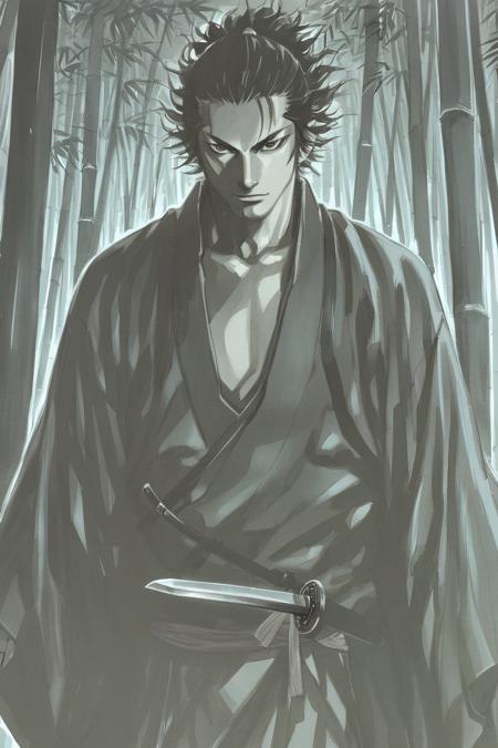 takehiko style, 1boy, solo, blue theme, male focus, forest, bamboo, nature, bamboo forest, japanese clothes, monochrome, sword, holding, weapon, looking at viewer, night, kimono, holding sword, hand fan, closed mouth, holding weapon