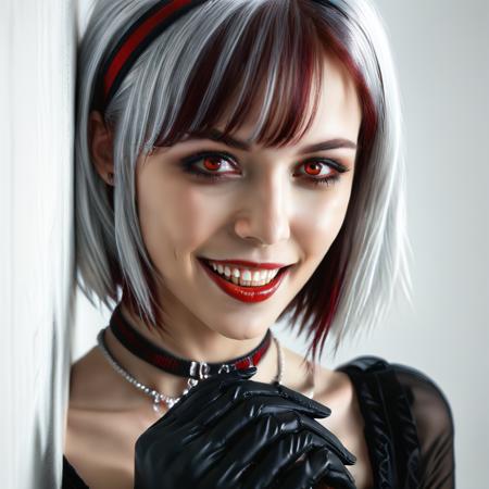 brown eyes, white hair, black gloves, brown hair, necklace, hairband, nail polish, parted lips, realistic, short hair, red eyes, teeth, multicolored hair, grey eyes, breasts