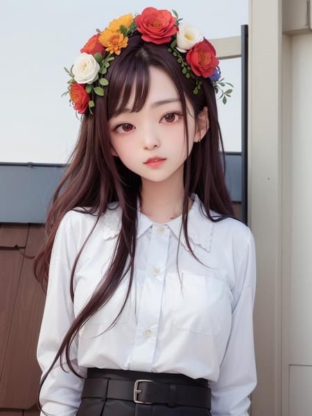 minju, (masterpiece), best quality, highest quality, (detailed face:1.2), original,highres, \\ detailed skin, looking at viewer,solo, \\ (white shirt:1.2), (striped miniskirt:1.1), standing\\ (rooftop:1.2), plants, flowers, \\ <lora:mjftw:0.7>