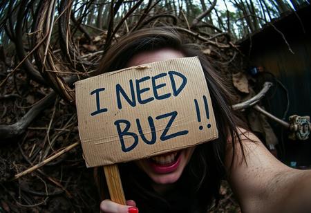 ”(masterpiece, intricate:1.3), (best quality, hires textures, high detail:1.2), terrific horror theme, lora:Starry_Morph:1 starry_morph,woman in the wild, rotten aesthetics, comically exaggerated with a fisheye lens effect (12mm), very high resolution, decayed cardboard sign reading ‘I NEED BUZZ!’ placed near the scene, weathered textures, humorous yet gritty atmosphere, cinematic composition.”