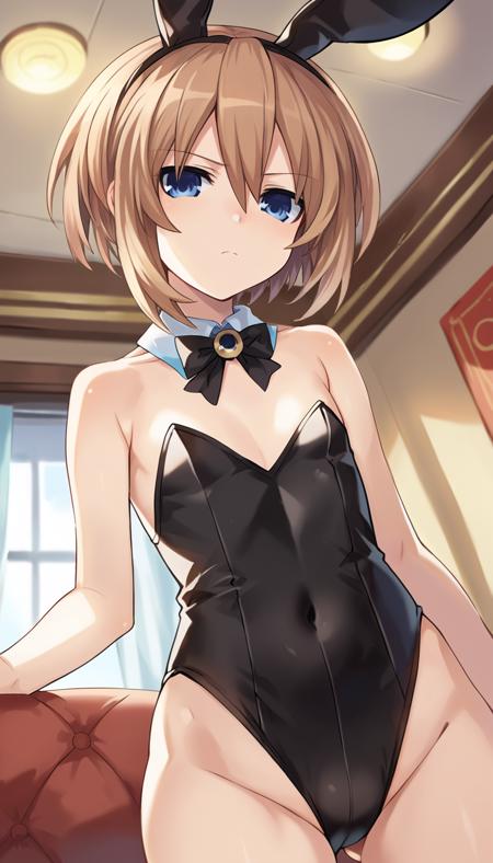 Blanc \(neptunia)\, brown hair, blue eyes, short hair hat, ribbon, long sleeves, wide sleeves, off shoulder, bare shoulders, short dress, coat, fur trim, ankle ribbon,