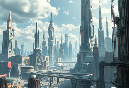 A highly detailed, photorealistic image of a near future cityscape, with a science fiction style