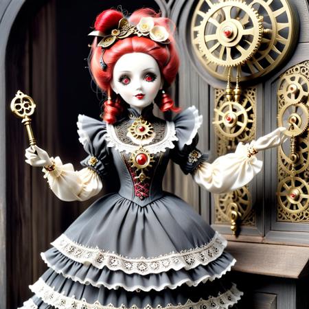 A bizarre clockwork doll with a porcelain face and glowing red eyes that give off a faint, mechanical whirring sound. Their joints are visible, made of brass and gears, and they wear a frilly, old-fashioned dress. One arm is outstretched, holding a key, suggesting a need to be wound up. The background is a dark, dusty attic filled with old, forgotten toys and cobwebs.