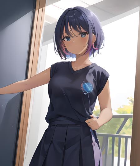 cp2, sleeveless blue shirt, logo on shirt, short skirt