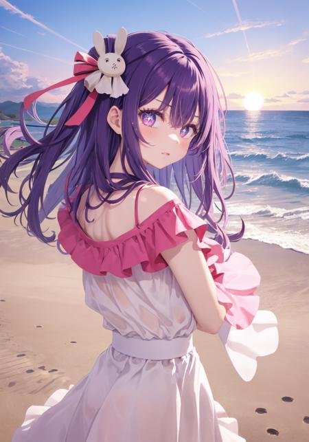 1girl,purple hair,sparkling eyes,rabbit hair ornament,sunset,pure white dress,beach
 <lora:Hoshino_Ai_V1.8:1>