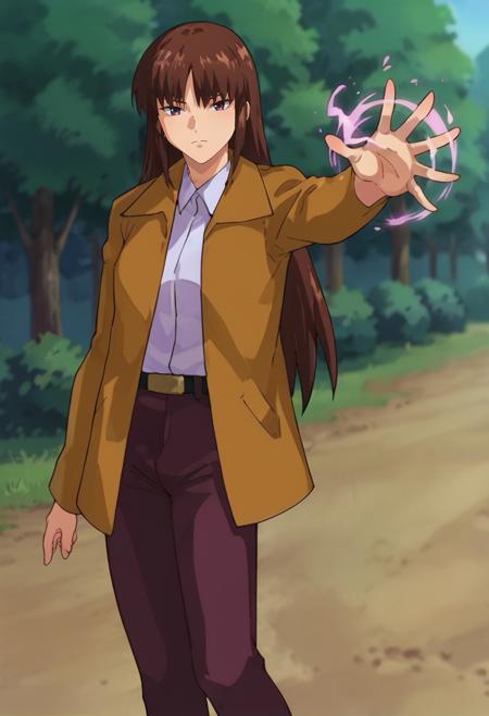 ayaset,1girl,solo,brown hair,purple eyes, long hair ponytail spiked hair very long hair collared shirt,yellow jacket,belt,purple pants, hair ornament,navyblue coat, hair ornament,bare shoulders,off shoulder,bodysuit,neck tatoo,neck ornament