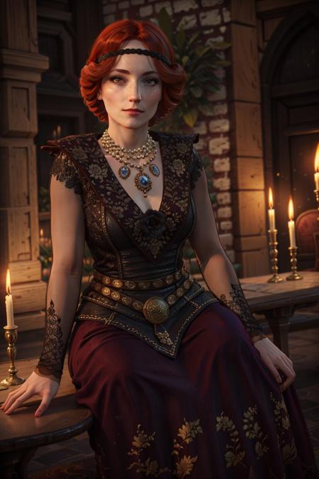 (masterpiece, best quality:1.2), <lora:orianna-18:0.7>, oriannaW3_soul3142, looking at viewer, long sleeves, dress,  sitting, red hair, freckles, headband, candle,