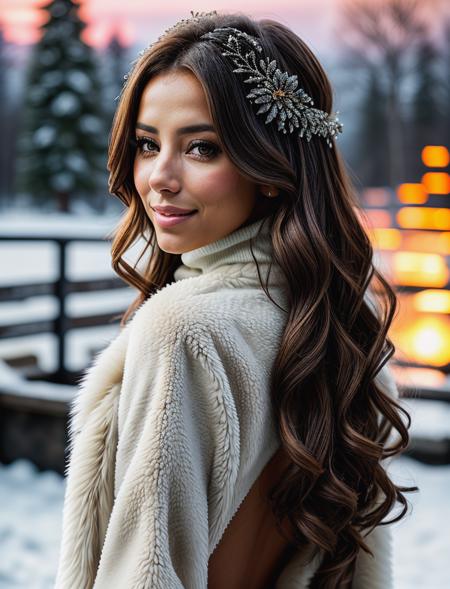 beautiful woman ( long0r1a:.99), beautiful hair, winter lodge, elegant, snowing, natural skin texture, (fashionable fur coat), (turtleneck), sunset, cute smile, (Looking back over shoulder), 24mm, 4k textures, soft cinematic light, adobe lightroom, photolab, hdr, intricate, elegant, highly detailed, sharp focus, ((((cinematic look)))), soothing tones, insane details, intricate details, hyperdetailed, low contrast, soft cinematic light, exposure blend, hdr, faded<lora:more_details:.6> <lora:wowifierV3:.6>