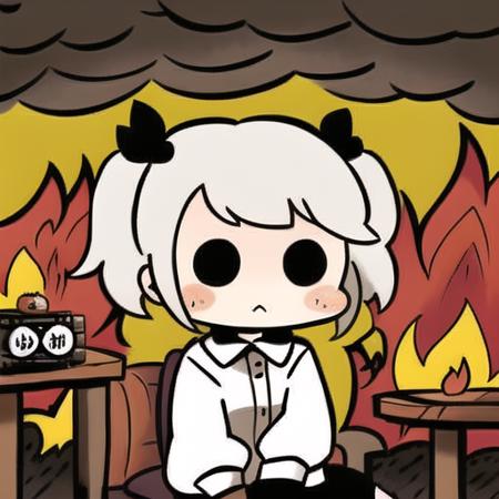 thisisfine, 1girl, surrounded by fire, fire, cute expression, (:<:1.2), vector, white short tousled hair, short twintails, detailed eyes, worried, nervous