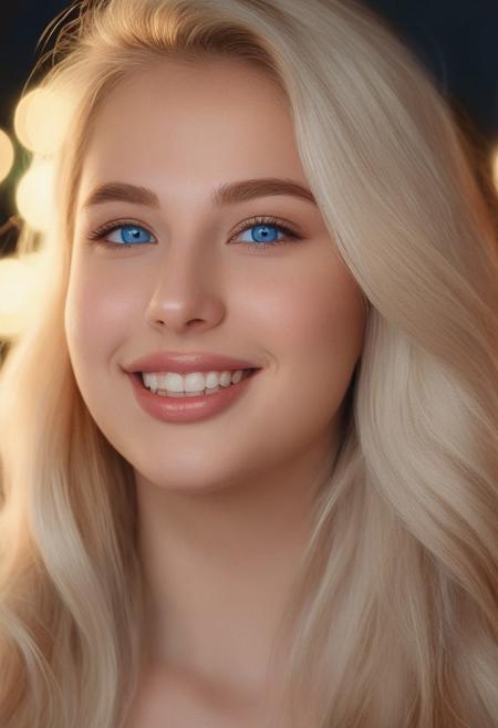 1girl, 18 years old,  tone, and fit, voluptuous ,white, blonde hair cascading in long locks ,blue eyes, warm smile gracing her lips, looking at viewer , solo, ultra clear, vivid lights, highly detailed, digital painting