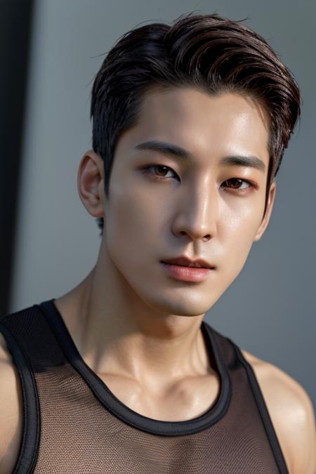 wonwoo, face, upper body, muscular, tank top, mesh, detailed skin, (absurdres, highres, ultra detailed),((masterpiece)), ((best quality:1.1)), High Resolution, 8k,1boy, best quality, masterpiece, (photorealistic:1.4), 4k, high quality, masterpiece, best quality, highres, dynamic poses, realistic, mature male, looking at viewer <lora:add_detail:0.5> <lora:wonwoo-10:0.9>