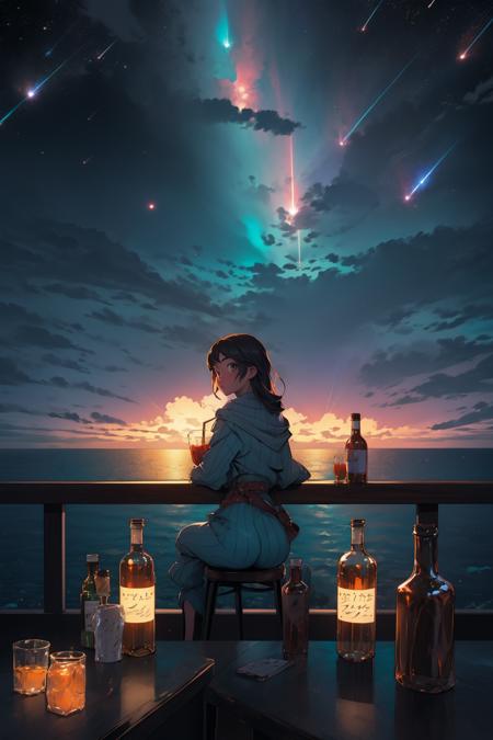 masterpiece, best quality, 1girl, bottle, fantasy, sky, bar, night sky, (ocean:1.3), meteor shower, looking at viewer, ass, drinking, from behind,  <lora:sky_bar-000008:0.6>