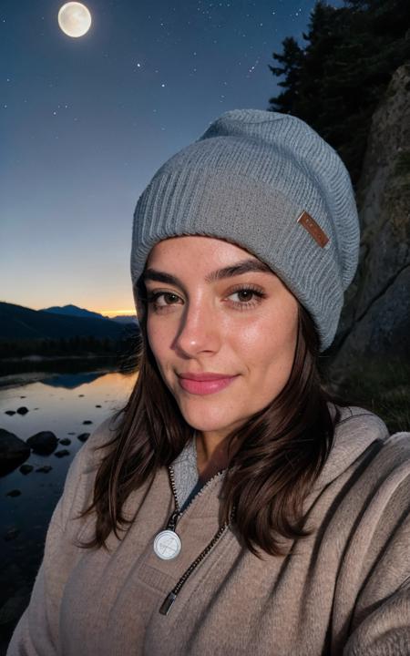 photorealistic, best quality, hyper detailed, beautiful woman, selfie photo, upper body, solo, wearing pullover, outdoors, (night), mountains, real life nature, stars, moon, (cheerful, happy), sleeping bag, gloves, sweater, beanie, flashlight, forest, rocks, river, wood, smoke, fog, clear sky, analog style, looking at viewer, skin texture, film grain, close up, ultra high res, best shadow, RAW, instagram LUT