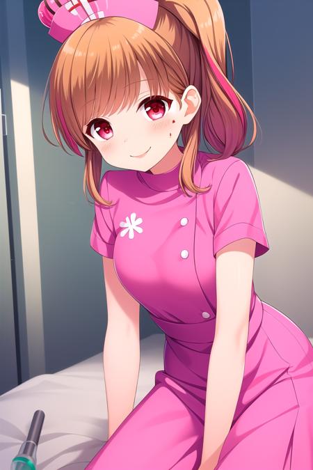 (masterpiece, best quality), highly detailed background, perfect lightingbest quality, amariakari, solo, indoors, hospital, nurse, nurse cap, pink headwear, brown hair, two-tone hair, red hair, mini crown, jewelry side ponytail, streaked hair, short hair, red eyes, pink dress, blood on clothes, <lora:GoodHands-vanilla:1>, smile, closed mouth, :), pink lips, <lora:Amari-Akari:0.7>