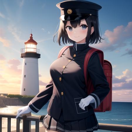 ((masterpiece)),(best quality),official art,extremely detailed CG,unity 8k wallpaper,ultra detailed,A lighthouse on a cliff by the sea,1girl,solo,cowboy shot,looking at viewer,hat,black_hair,short_hair,white_gloves,large_breasts,military_uniform,black_eyes,black_thighhighs,peaked_cap,smile,blush,backpack,pleated_skirt,<lora:Akitsu Maru(kan)>,