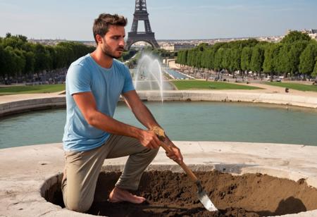 A large shallow hole in the ground. The remains of the Eiffel Tower demolished are shattered around and in the hole. Edges of broken metal struts glimmering. Photographic quality. Realistic. At the right foreground, head and below knees visible, a 25 years old man. He is tired but enlightened. Soiled khaki pants. Torn, light blue t-shirt. He is drying the sweat from his face with his left hand. He grips the shaft of a spade with his right hand. A French city landscape below a clear sky in the background with a distant cathedral and a nearby fountain. Early evening, the sun about to set.