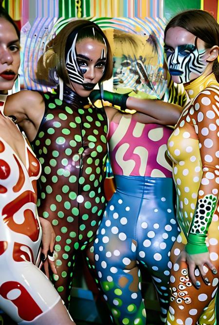 An award winning genre defining documentary candid photograph of ,three female dancers of the experimental conceptual performance artists, they're wearing a wild expressive skin tight jumpsuit by Pucci, at a wild drunken party, the room is filled with onlookers to their bizarre performance,  Brazilian Tropicalia retrofuturism,  Leica M3, 50mm lens, candid photography <lora:CultFlix-SD15:2> strong drop shadows, depth of field stereoscopic effect,  <lora:cursed images:4>