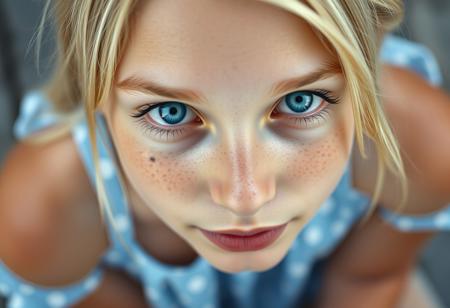 The image is a close-up, high-angle portrait of a young 18 y.o. woman with striking blue eyes. She is looking directly up at the camera, creating a strong connection with the viewer. Her facial features are soft, and she has a natural, almost ethereal beauty with a face full of freckles that add to her youthful and fresh appearance.
There is tattos, symbol of heart, on each cheeks.
Her blonde hair is styled with a side-swept fringe that partially covers her forehead, and the rest of her hair appears to be tied back or away from her face. She is wearing a light blue dress with white polka dots, which can be seen in the lower part of the image, indicating a summery, casual outfit. The focus on her eyes and face gives the image an intimate and engaging quality, with the high resolution capturing every detail of her skin and expression. The background is softly blurred, emphasizing her face as the central point of the image. The overall feel of the image is delicate, natural, and photorealistic, capturing the subject's innocence and charm.