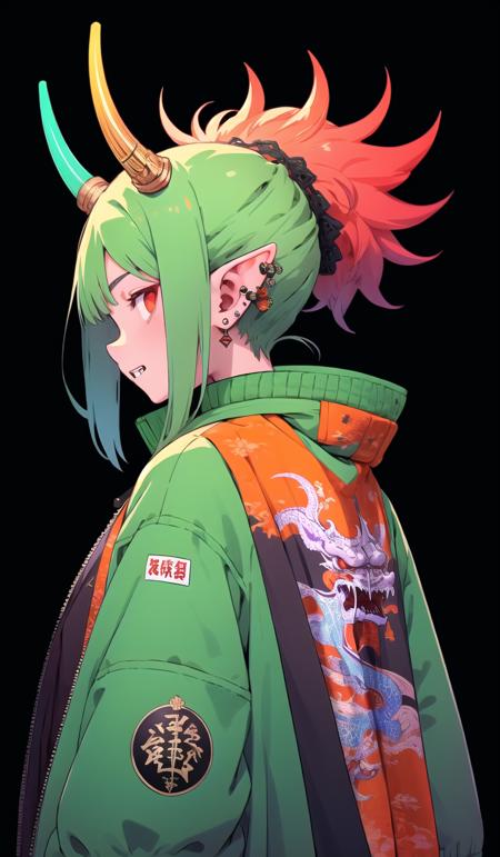 oniNFT, horns, jewelry, earrings, dragon, solo, black background, eastern dragon, jacket, upper body, multicolored hair, simple background, pointy ears, from behind, purple jacket, ear piercing, red hair, 1girl, white hair, teeth, long hair  <lora:oniNFT-block:1>