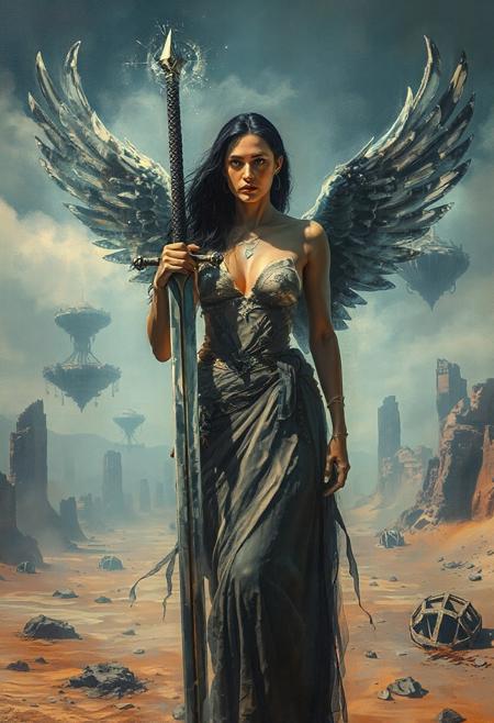 Create a surreal oil painting featuring Monica Bellucci as a Valkyrie, a Norse goddess of battle and prophecy, embodying strength and ethereal beauty. The style should combine hyperrealism with the loose, expressive brushwork of Gerhard Richter, creating a sense of ambiguity and emotional depth. The setting is a fragmented and dreamlike version of GTA 5's Blaine County, where the desert landscape is juxtaposed with floating islands and shattered remnants of skyscrapers. Bellucci is depicted in a dynamic, warrior-like pose, one hand resting on a spectral sword. Use dramatic lighting with a cool, blue tint to create a sense of otherworldly beauty and impending doom. Incorporate subtle details such as blurred edges and faint, shimmering energy fields. The image should be beautiful, disturbing, and filled with symbolic meaning, evoking a sense of ancient power and the inevitability of fate. 8k resolution, cinematic lighting, dramatic shadows, ultra-detailed.