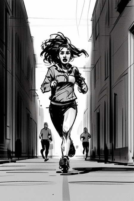 a woman running in the street, greyscale <lora:dan_milligan:0.8>