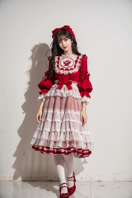 best quality, masterpiece, photorealistic, 1girl, solo, standing, long straight hair, looking at viewer, arms at sides, smile, cyb dress, lace-trimmed dress, layered dress, wide sleeves, bow, red footwear, white pantyhose, simple background, <lora:christmas_dress_style1_v1:0.75>