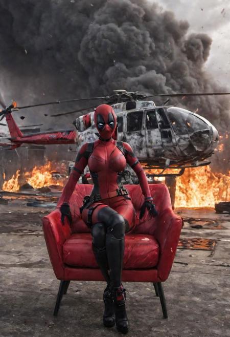 hyperrealistic art (((busty girl deadpool sit on red chair in front of burning helicopter, chaos))), ((reflections, exploding buildings, storm, wet)), slim body, (huge breasts), (breasts bursting out of costume), (full mask, full costume with cleavage cut away), extremely high-resolution details, photographic, realism pushed to extreme, fine texture, incredibly lifelike, huge tits