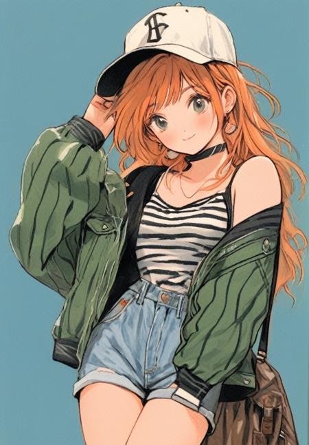 (masterpiece,best quality,ultra_detailed,highres,absurdres:1.2),1girl, solo, smile, shoes, jacket, grin, striped, overalls, shirt, sneakers, collarbone, standing, choker, bag, bangs, blush, hat, denim, holding, shorts, breasts, one eye closed, green jacket, off shoulder, full body, blue eyes, looking at viewer, open clothes, striped shirt, standing on one leg, white headwear, overall shorts, strap slip, open jacket, long hair, bare shoulders, long sleeves, black footwear, brown hair, arm up, leg up, orange hair, baseball cap
<lora:1990s-sdxl:1>