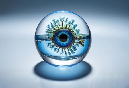 (glass sphere eye:1.5) with blue reflection on table, in the style of hyperrealistic fauna, realistic depictions of human form, uhd image, national geographic photo, industrial and product design, high resolution, bio-art