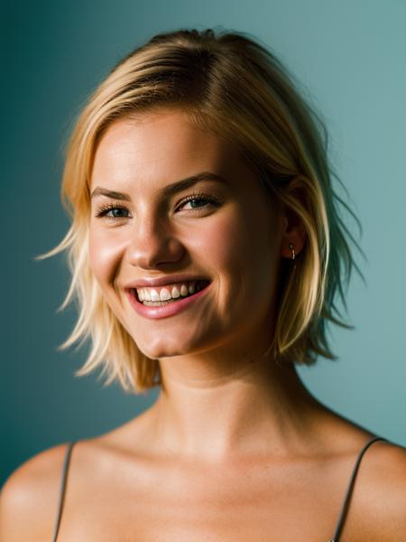 Realistic photo of a beautiful 3l1sh4c-v1 woman, 1girl, solo, looking at viewer, smile, short hair, blue eyes, blonde hair, simple background, teeth, artist name, grin, lips, portrait, red background, realistic, soft lighting, professional Photography, Photorealistic, detailed, RAW, analog, sharp focus, 8k, HD, DSLR, high quality, Fujifilm XT3, film grain, award winning, masterpiece<lora:3l1sh4c-v1:1.0>