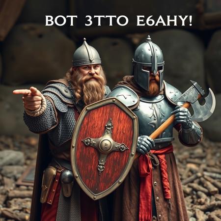 The photo shows a medieval brutal man with a beard, wearing a helmet and chain mail, pointing to the side, holding a spear and shield in his hands, showing his comrade in plate armor with an axe
The text  "BOT 3TOTO E6AHY!"
Medieval style, random background
