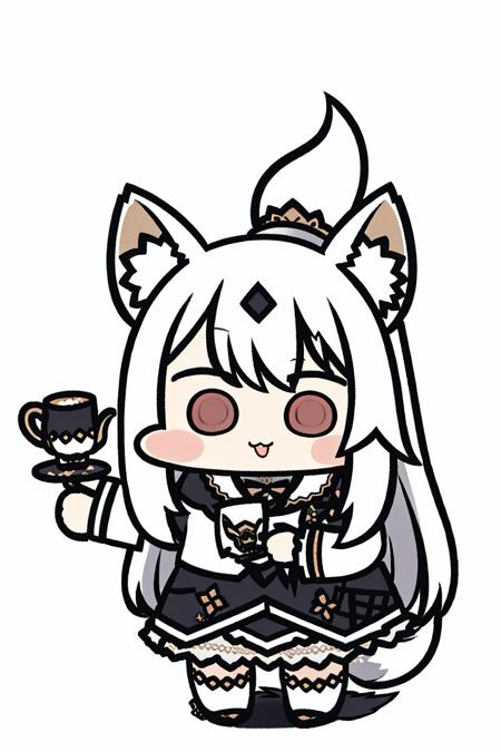 <lora:JazzJack:1>, 1girl, animal ears, tail, long hair, solo, teacup, smile, white hair, full body, wolf ears, wolf tail, cup, white background, skirt, looking at viewer, plate, socks, animal ear fluff, simple background