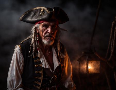 photo of old pirate, fog, dark atmosphere, night, close up, cinematic shot, hard shadows, Fujifilm XT3