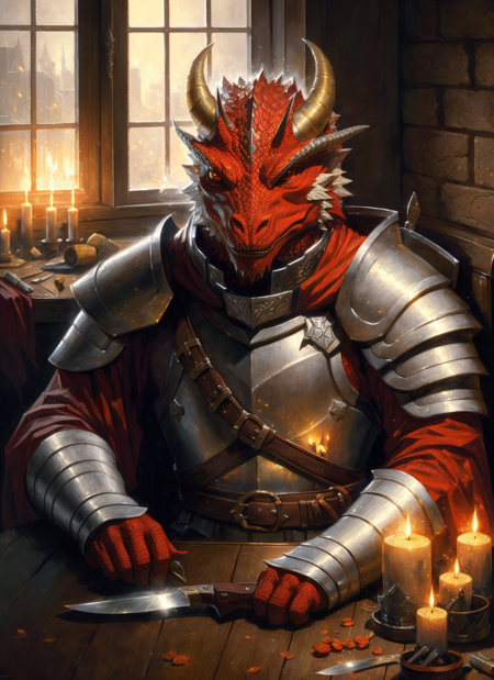 red dragonborn, solo, male, holding, sitting, weapon, male focus, horns, artist name, indoors, armor, window, colored skin, chair, table, fire, knife, shoulder armor, breastplate, candle
, ((masterpiece, best quality)), art by greg rutkowski  <lora:dragonborn_offset:1>