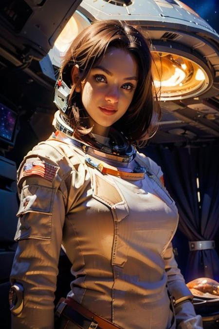 ((Portrait of an astronaut girl))0((night sky, in the space, Giant planet in the background0Cosmic Light0Inside the spaceship):1.3), (Short straight hair), Shining Aqua Eyes, longeyelashes, lightsmile, ((Thin and well-fitting spacesuit)), Carl Larsson, Realism, Dutch Golden Age painting, Verism, depth of fields, Cinematic lighting, reflective light, (shadings:0.9)0wide angles, Lens Flare, masutepiece, Textured skin, Super Detail, Best Quality, Detailed fabric texture0upper Shot,oil painting, braless, covered nipples